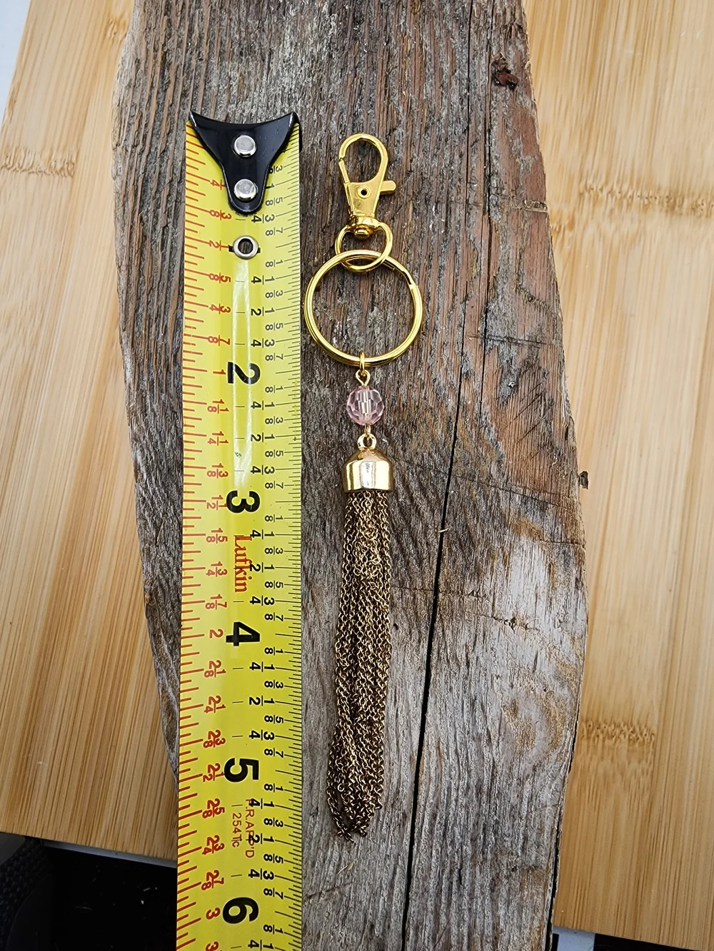 Gold Tone Tassel Bag Charm Keychain with Pink Bead Accent